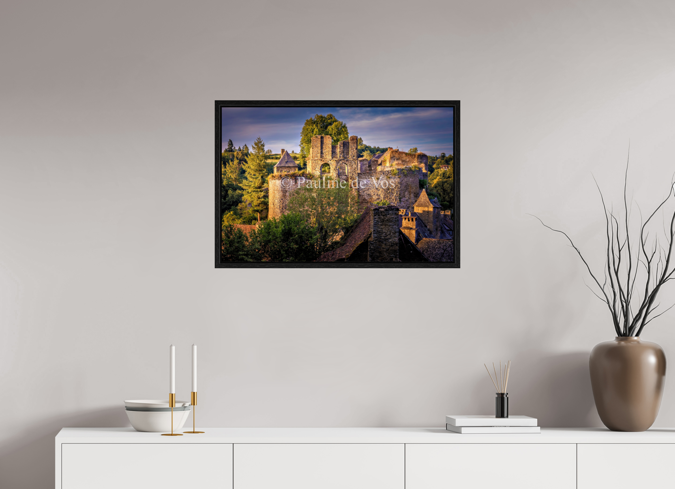 75 x 50 cm, Floater Frame Château de Segur au coucher du soleil