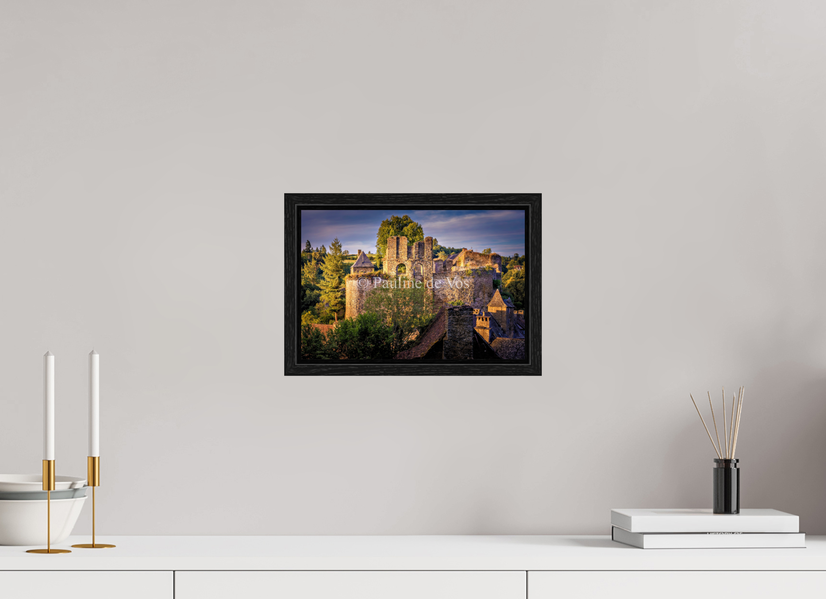 30 x 20 cm, Floater Frame Château de Segur au coucher du soleil