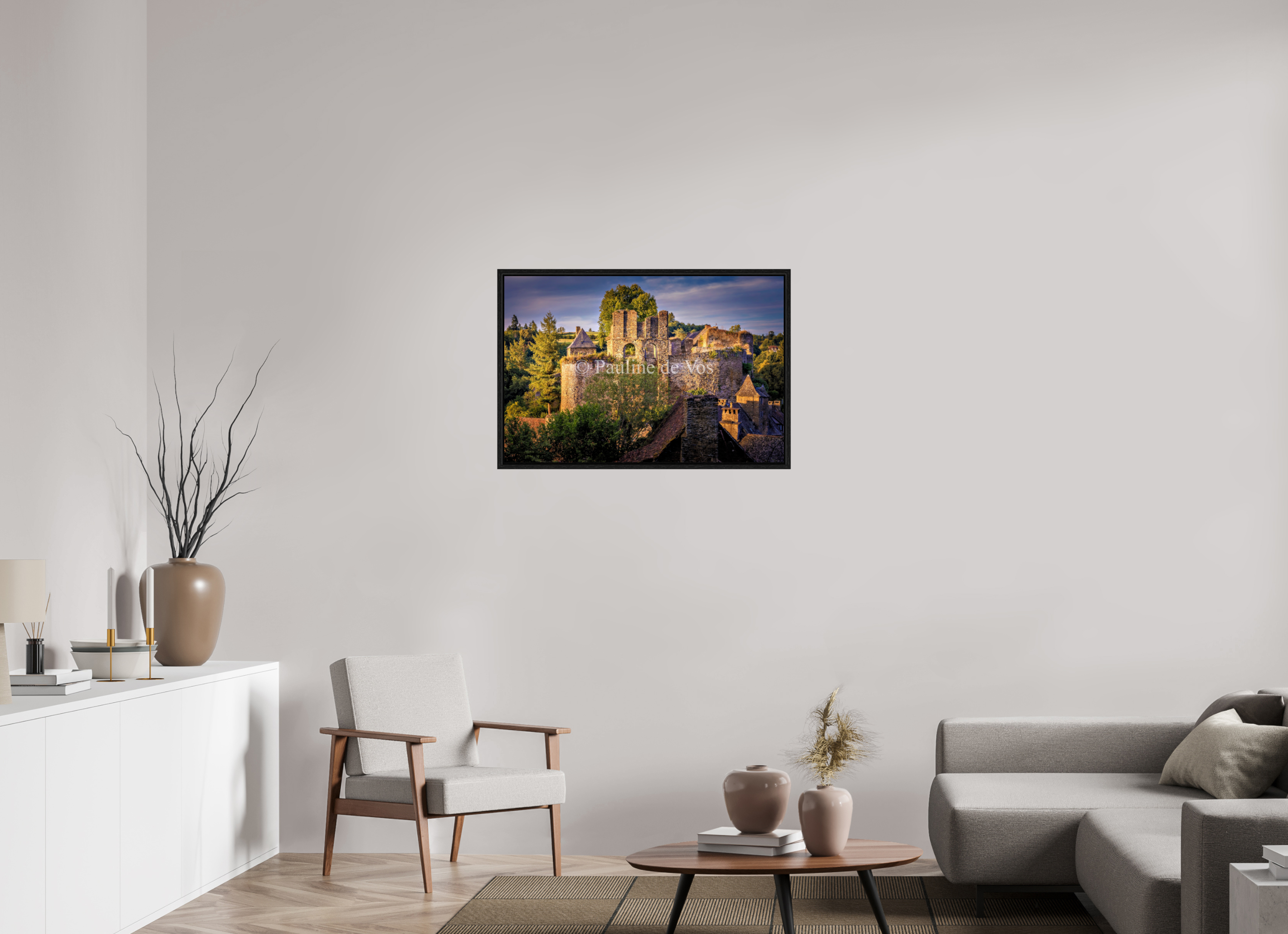 90 x 60 cm, Floater Frame Château de Segur au coucher du soleil