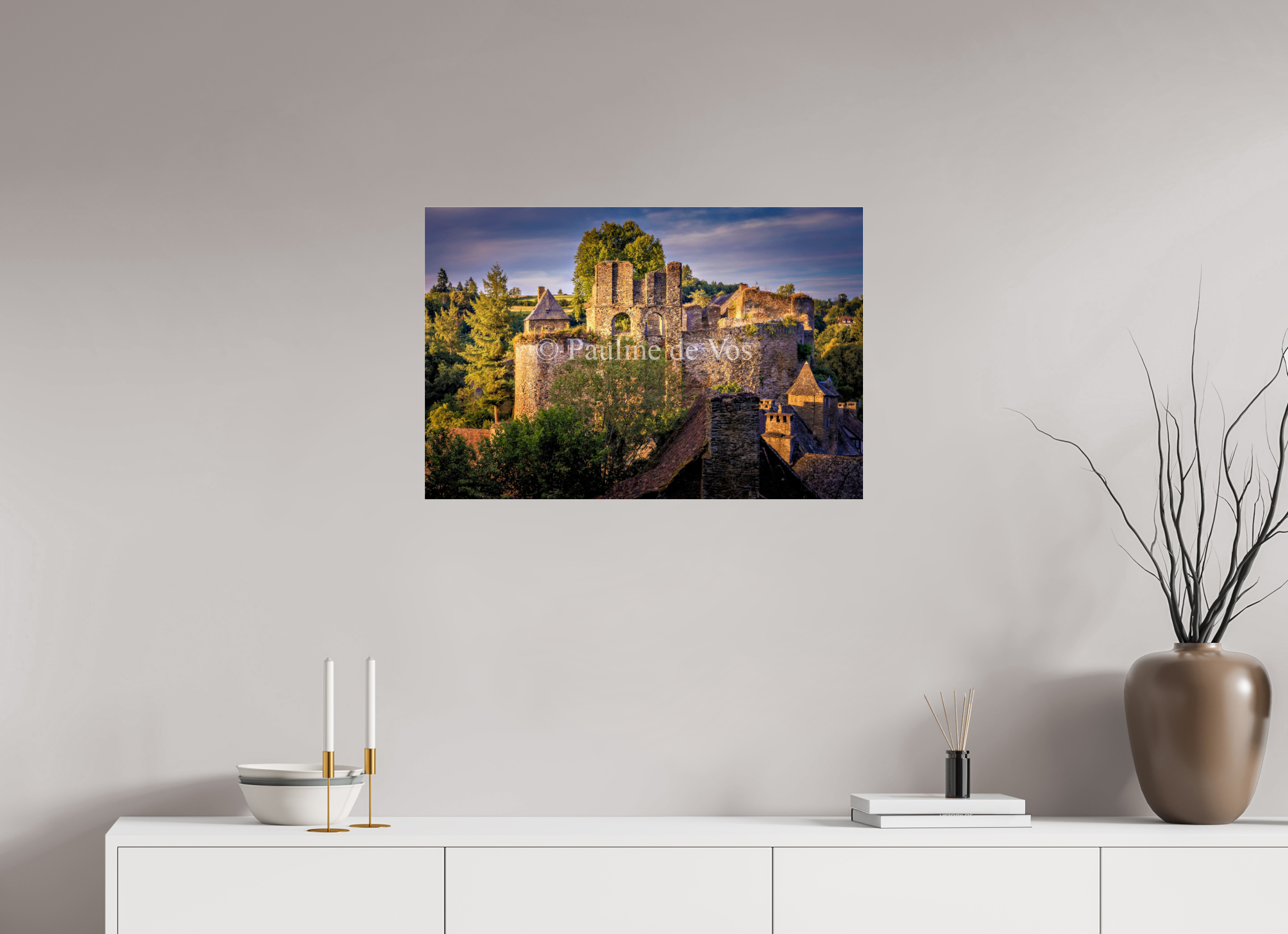 75 x 50 cm, Photo Print Under Acrylic Glass Château de Segur au coucher du soleil