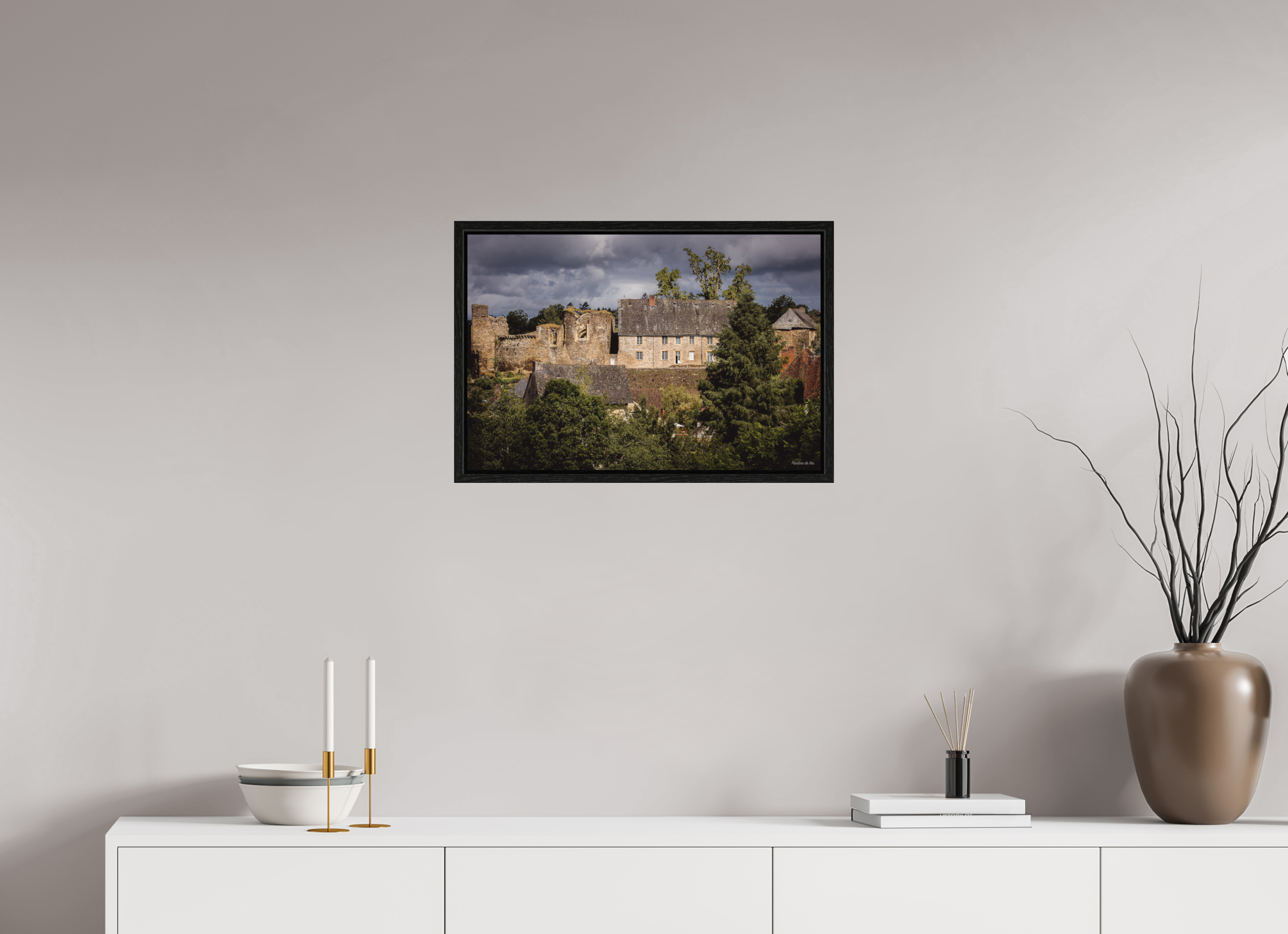 60 x 40 cm, Floater Frame Château de Ségur pendant l'orage