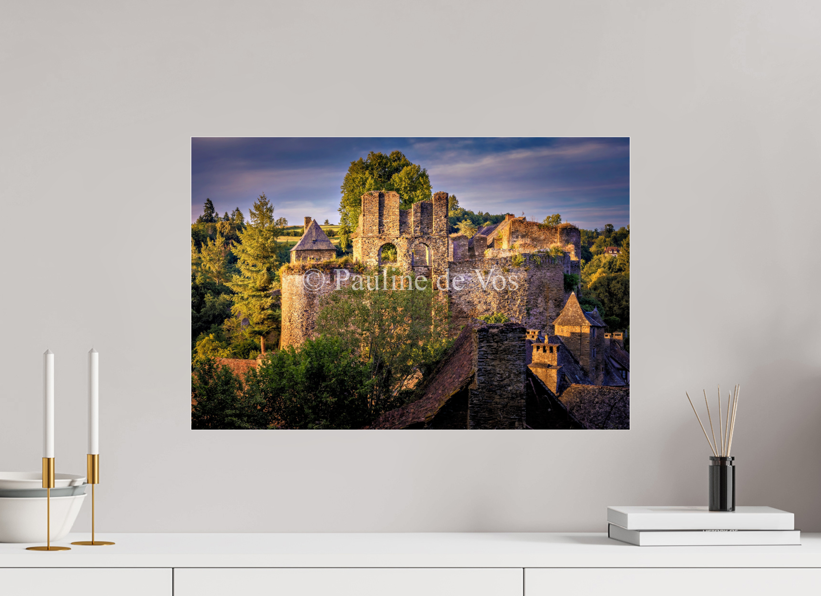 60 x 40 cm, Photo Print Under Acrylic Glass Château de Segur au coucher du soleil