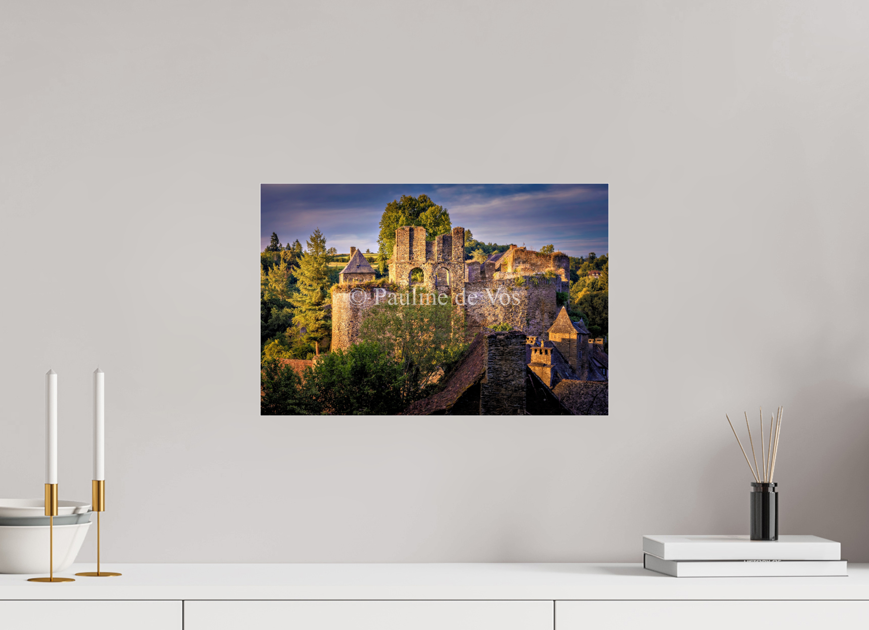 45 x 30 cm, Photo Print Under Acrylic Glass Château de Segur au coucher du soleil